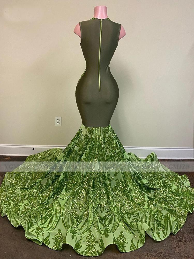 Sparkly Sequin Prom Dresses 2021 Green Lace Sexy Deep sheer o-neck African Women Glitter Mermaid Evening party Gowns robes de soirée