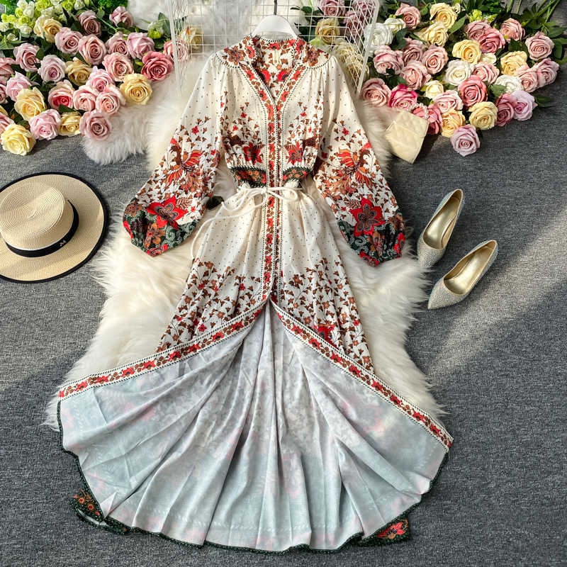 Women Bohe Folk V-Neck Lantern Sleeve Long Dress Euro Ladies Casual Ral Printed Elegant Mid-Calf Dresses 210715