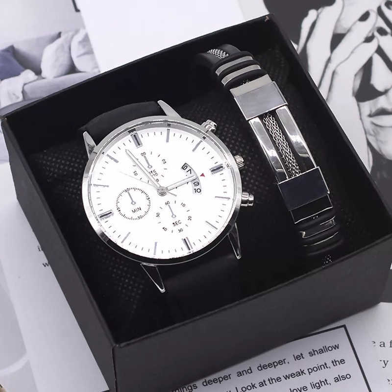 Men Watch Bracelet Set Fashion Sport Wrist Watch Alloy Case Leather Band Watch Quartz Business Wristwatch calendar Clock Gift 210630
