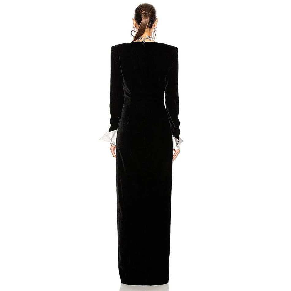 Free Women's Runway Long Dress Black Velvet V-neck Sleeve Bodycon Split Club Evening Party es 210524