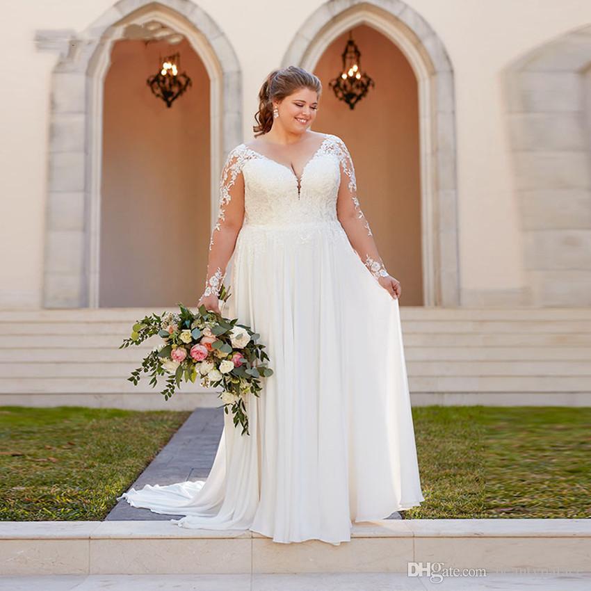 Gorgeous Country Style Plus Size A Line Wedding Dresses Bridal Gowns Long Sleeves Chiffon V Neck Lace Applique Sweep Train Custom Made Formal Dress ve