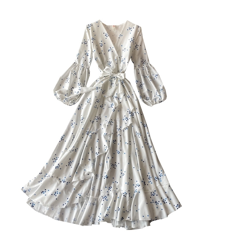 Spring Autumn V Neck A Line Lantern Sleeve Dress Floral Print High Waist Mid Calf Women Party Dresses 210521