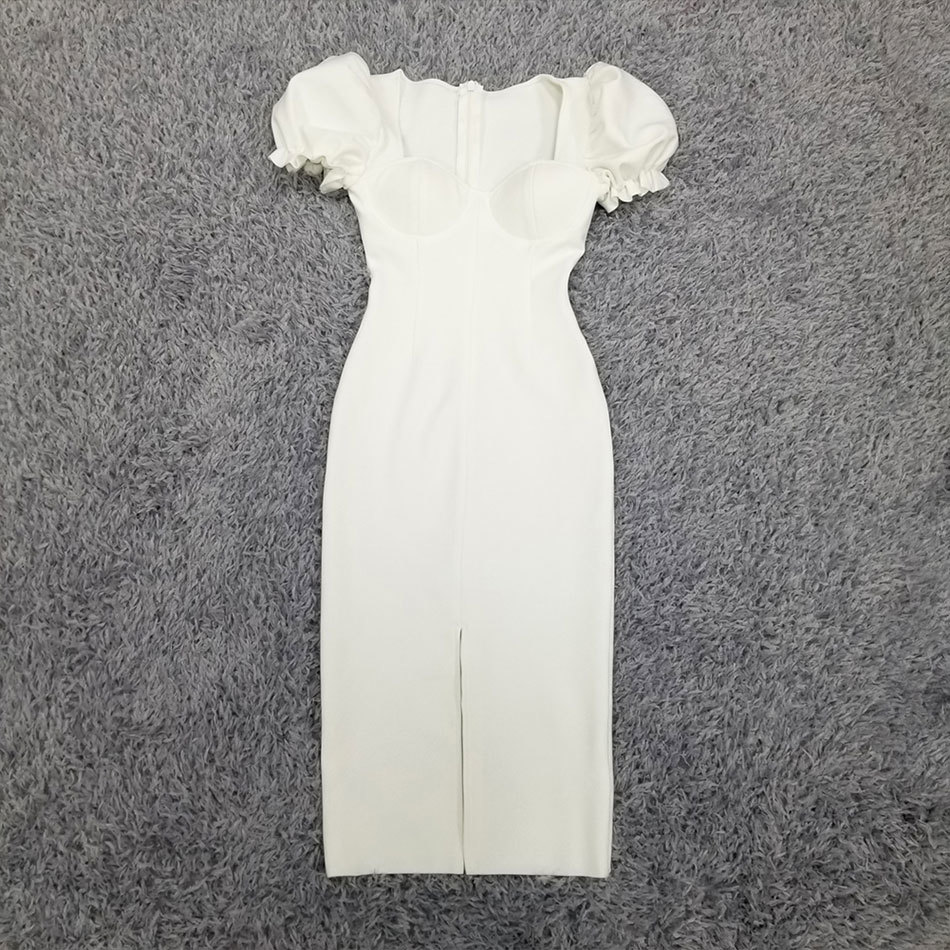 Free Elegant Ladies Bandage Dress V-neck Bubble Short Sleeve Bodycon Split Celebrity Club Party Vestidos 210524