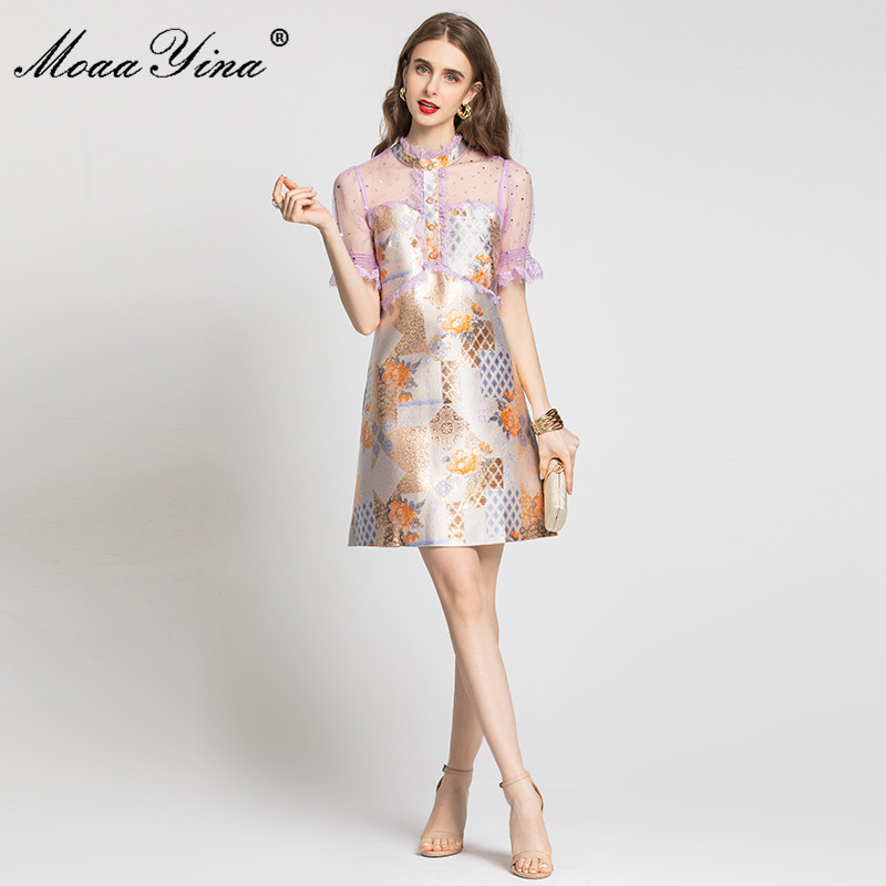 Fashion Runway Summer Short Jacquard Dress Women's Mesh Splicing sleeve Floral print Vintage Party Mini Dresses 210524
