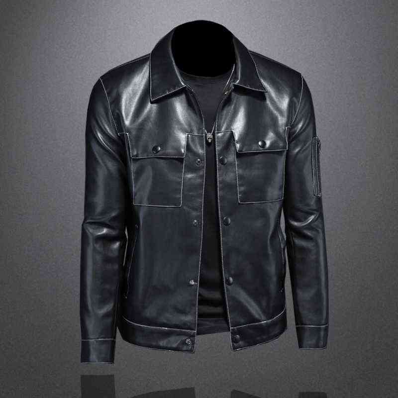 Fall Men's Lapel Multi-Pocket Leather Trendy Motorcycle Leather Jacket Coat British Simple Zipper Slim Casual Male Clothing 211106