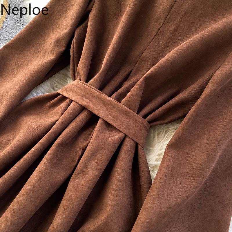 Neploe Vintage Woman Dress Chic Double-breasted Slim Mini Dresses Women Ruffles Flare Sleeve Lace Up Robe Vestidos 4G849 210422