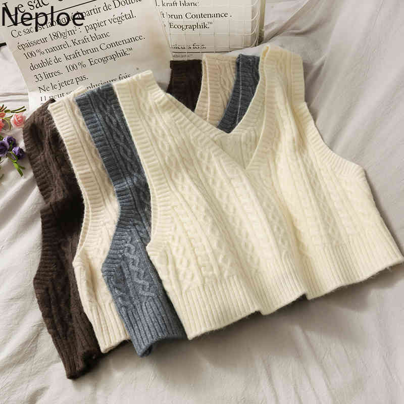 Neploe Korean Sweater Vest Women Knitted Cropped Double V-neck Sleeveless Waistcoat Solid Color All-match Tank Tops Coat 4G765 210422