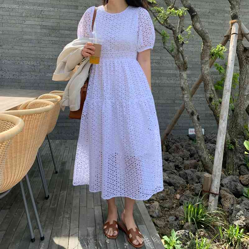 Sexy Office Chic Summer Dress Women O Neck Embroidery Hollow Out High Waist Long Vestidos Female Fashion Clothes 210520