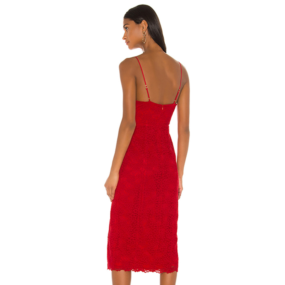Free Summer Women's Lace Bandage Midi Dress Sexy Spaghetti Belt V-neck Bodycon Split Club Party Vestido 210524
