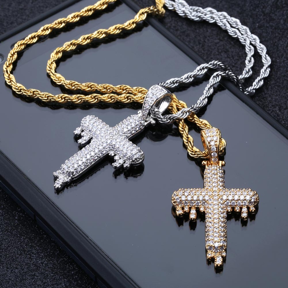 Men's Hip Hop Religious Drop Cross Pendant Necklace Gold Sier Color Cubic Zircon Jewelry Necklaces Rope Chain gifts for women Collar Bijoux