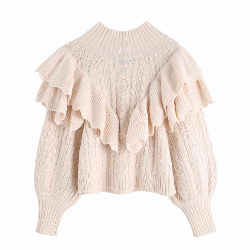 Vintage Woman Beige Loose Ruffles Turtleneck Sweaters Autumn Winter Fashion Ladies Soft Knitwear Female Casual Thick Tops 210515