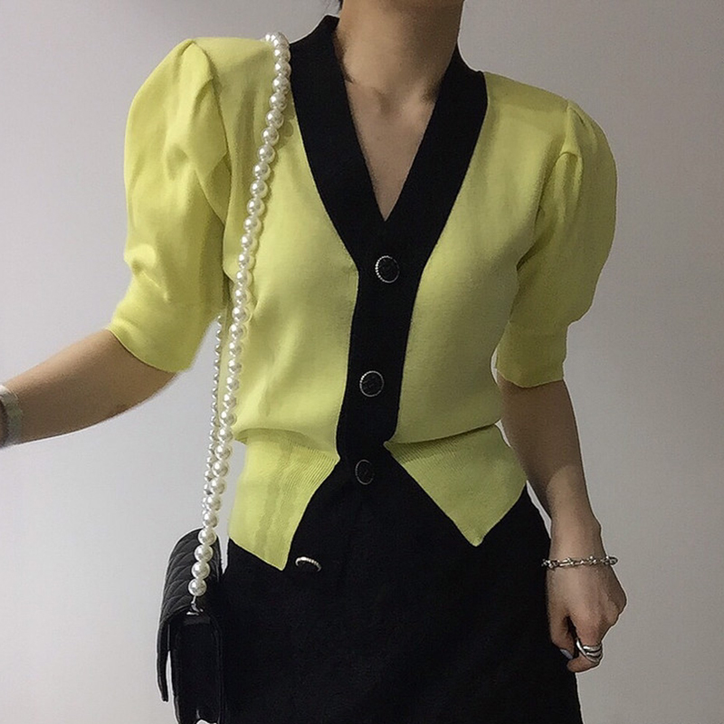 Women Sweater Summer Korean Chic Girl Elegant Temperament V-Neck Single-Breasted Casual Puff Sleeve Knit Cardigans