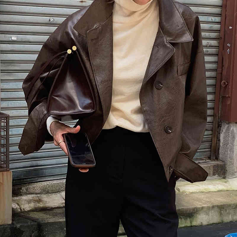 Korean Women's Autumn Handsome Stand Collar Single-breasted Loose Long-sleeve Motorcycle PU Leather Short Coat ZT1074 210427