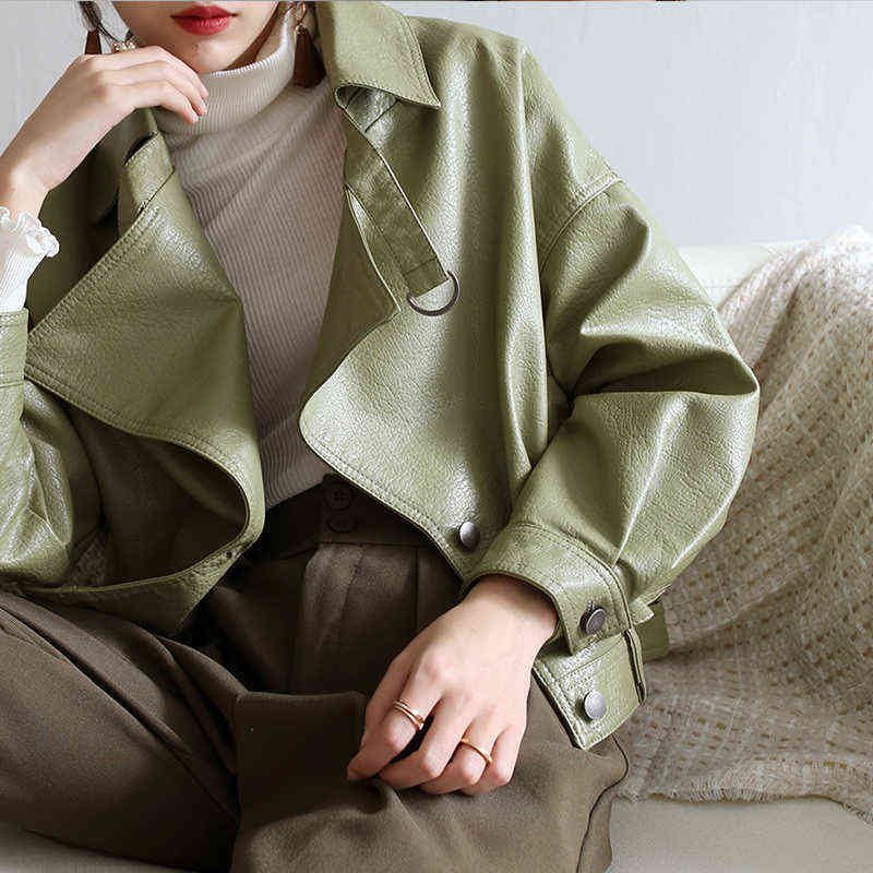 Fitaylor Loose Pu Leather Batwing Sleeve Vintage Leather Jacket Street Casual Outwear Ladies Biker Leather Coat Multicolor 211130