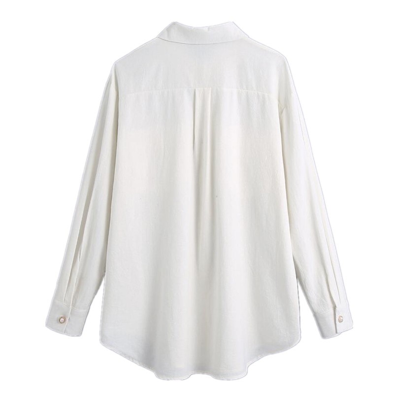 Spring Autumn Chic Lapel Pearl Buttons Women Shirt Double Pockets Loose Cotton Casual Blouse Tops Female Fashion 210429