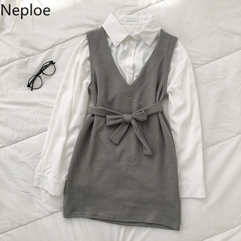 Neploe 2 Piece Set Women Fashion Suit Vintage Knitted Vest Dress Loose White Shirt Tops Femme Roupas Korean Two Piece Set 210422