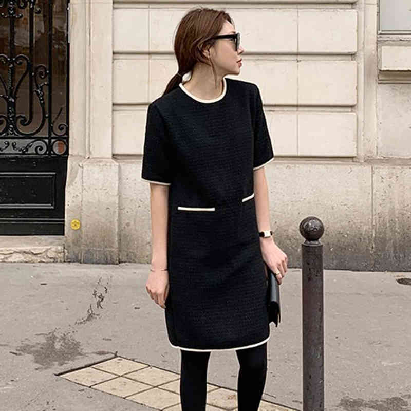 Korean Chic Retro Mini Dress Women Casual Short Sleeve Woolen Dresses Contrast Color Vestidos De Fiesta 210519