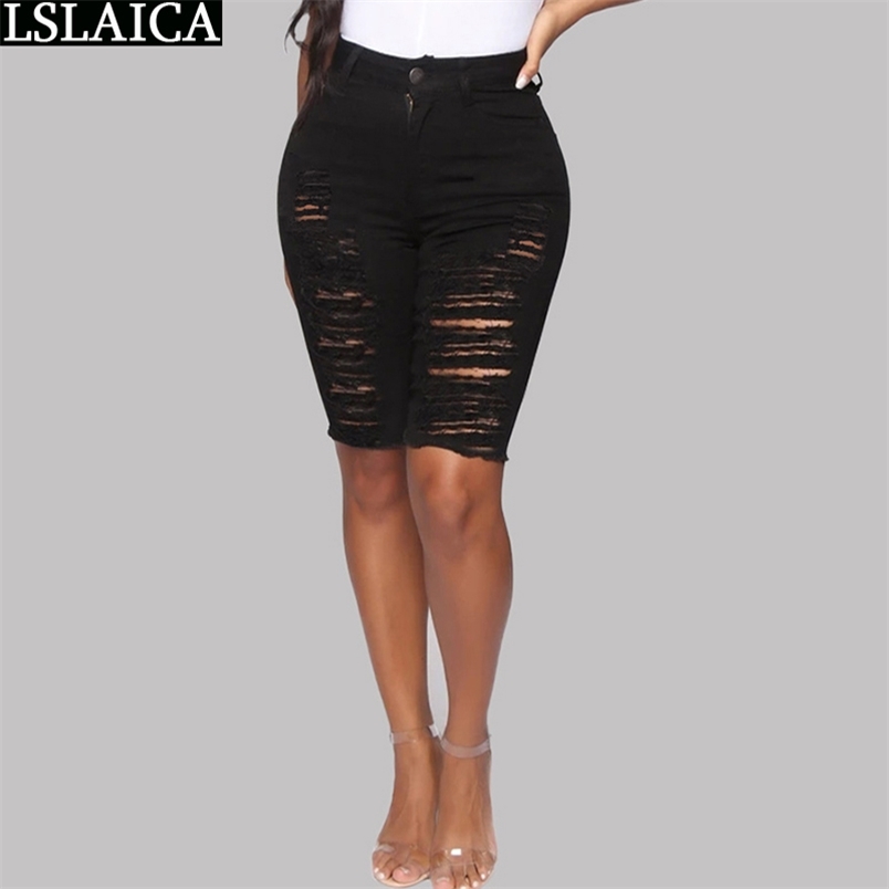 Knee Length Pants for Women Fashion Personality Ripped Denim Short Skinny Casual Solid Color Arrival Pantaloni Donna 210515