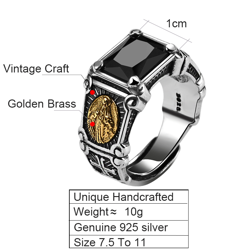 925 Sterling Silver Vintage Black Stone Virgin Mary Finger Ring for Men Women Open Cuff Band Rings Cubic Zirconia Onyx Jewelry Bijoux Birthday Christm