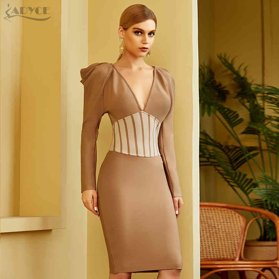 Winter Women Fashion Striped Club Party Dress Sexy V Neck Khaki Long Sleeve Celebrity Runway Bodycon Dresses Vestidos 210423