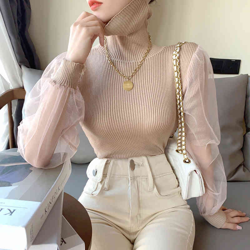 Fashion Pullover Jumper Knitted Sweater Women Office Lady Puff Sleeve Mesh Women Sweaters Turtleneck Female Clothing 12745 210518