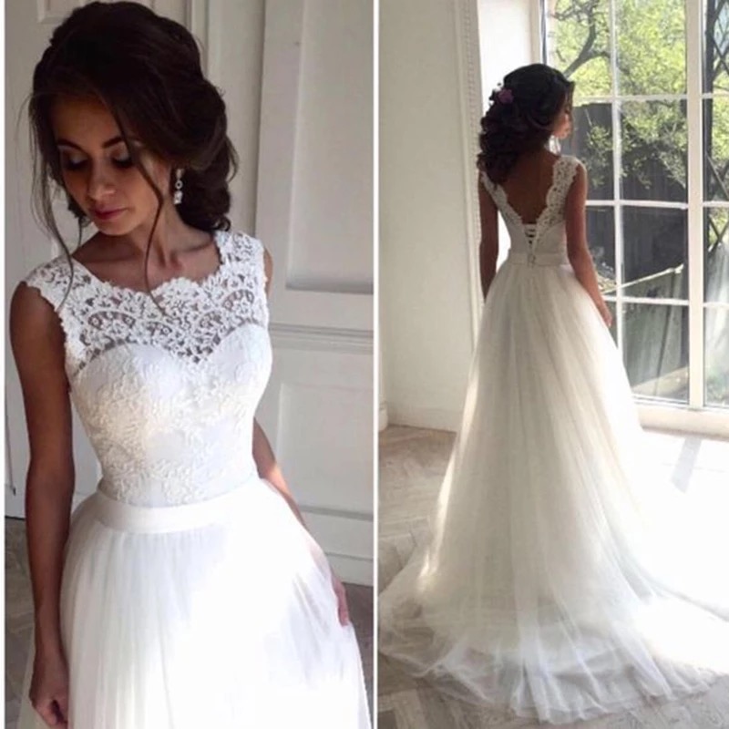 Bohemian Long A-Line Wedding Dress For Bride 2022 Sexy Open Back Summer Beach Bridal Gowns Robe De Mariee Simple Top Lace Dresses Vestido De Novia Tul