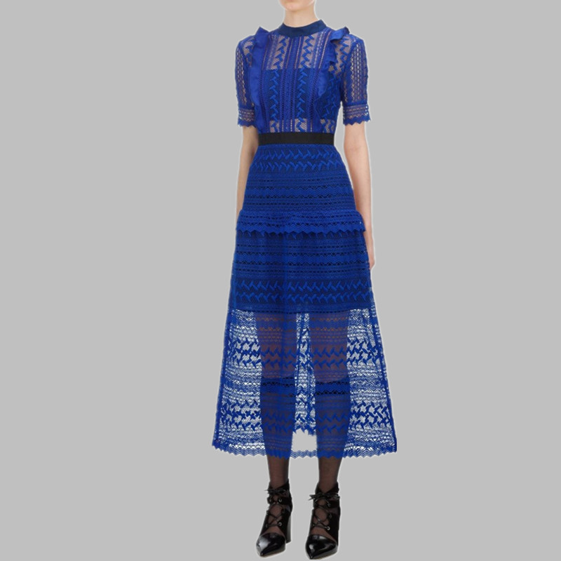 High Quality Self Portrait Blue Lace Dress women Round Neck Ruffled Patchwork Pleated Short sleeve Summer Long 210520