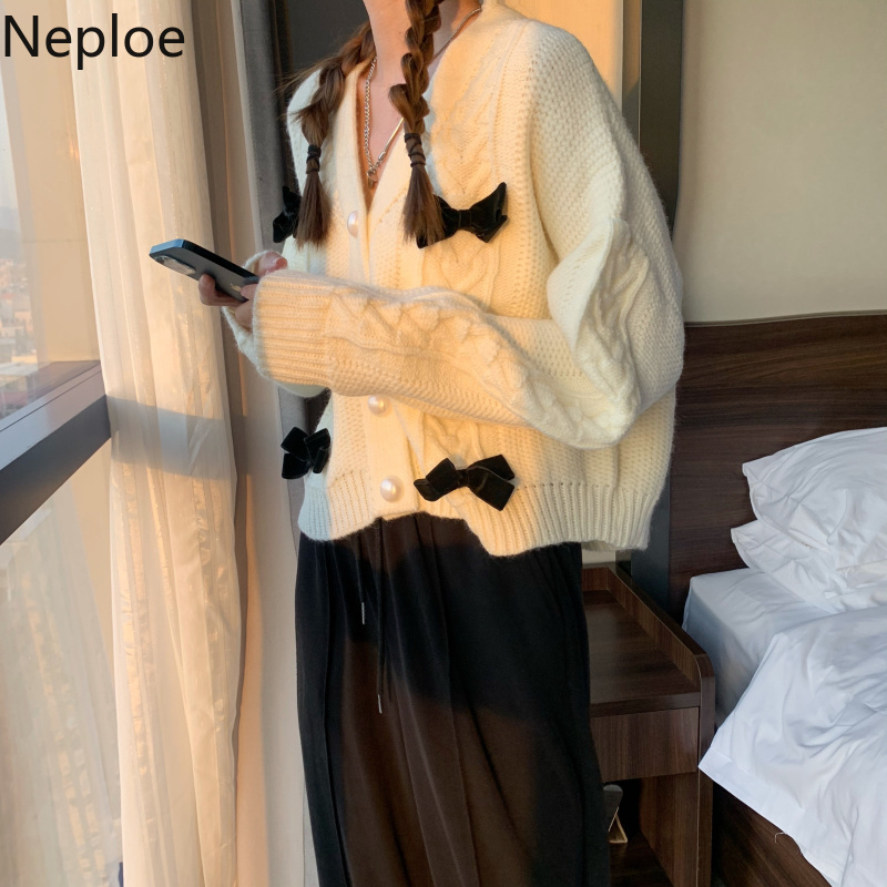 Neploe Woman Sweaters Chic Sweet Bow Knitted Cropped Cardigan Spring Colthes Loose V-neck Long Sleeve Sueter Coat Femme 210422