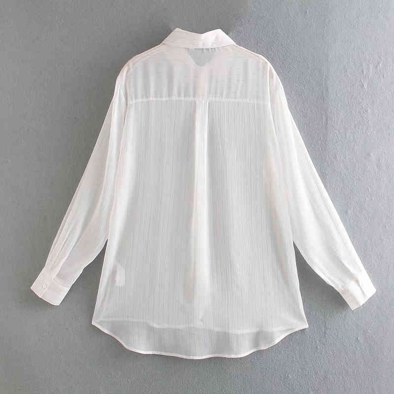 Women Retro Simplicity Temperament Golden Lines Translucent Shirt Female Loose Lapel Long Sleeve Chic Top 210520