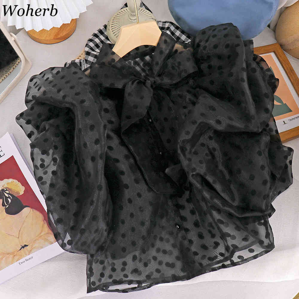 Polka Dot Shirt Women Summer Korean Blusas Mujer Loose Chic Chiffon Blouse O Neck Bow Single Breasted See Through Tops 210519