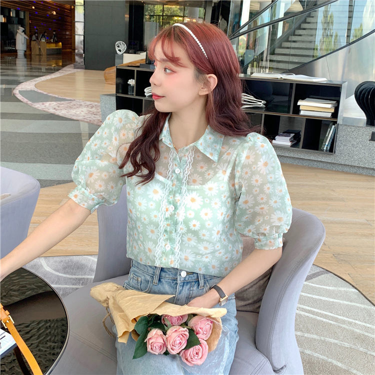 See Through Blusas Floral Print Short Puff Sleeve Blouse Women Korean Vintage Two Peices Set Shirt + Vest Summer Chic Top 210519