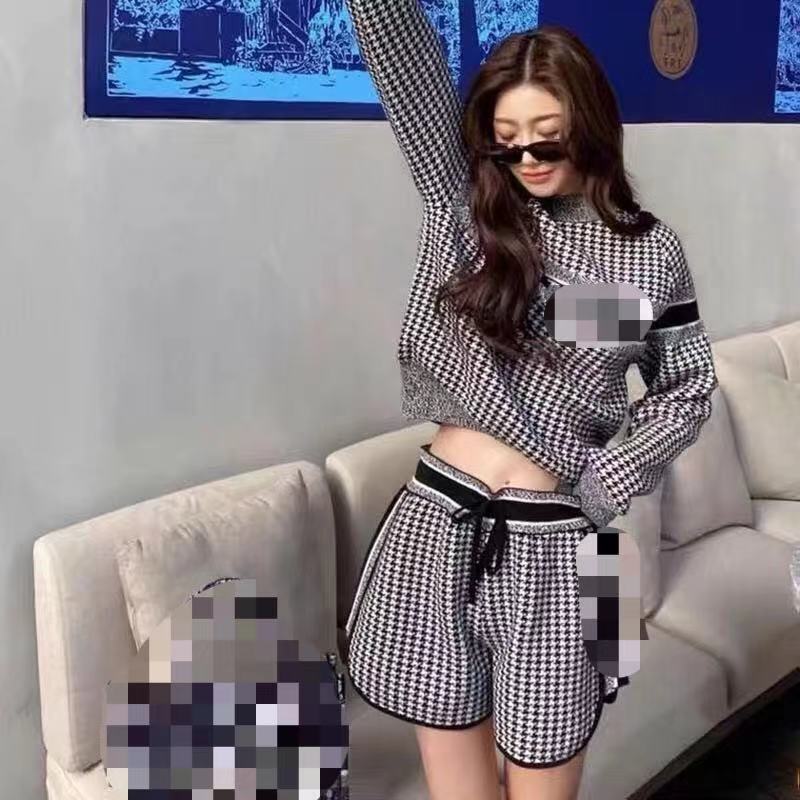 thousand bird check long sleeve top + wide leg shorts two piece set tide new style suit female