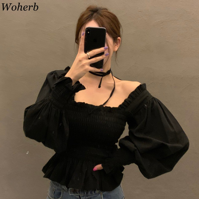 Square Collar Blouse Women Ruffle Pleated Blusas Elastic Waist Lace-up Fashion Blouses Elegant Lantern Sleeve Crop Tops 210519