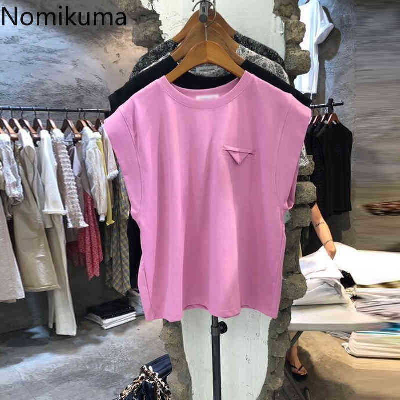 Nomikuma Summer New Sleeveless Graphic T Shirts Causal Solid O-neck Woman Tee Tops Korean Elegant Femme Tshirt 6H502 210427