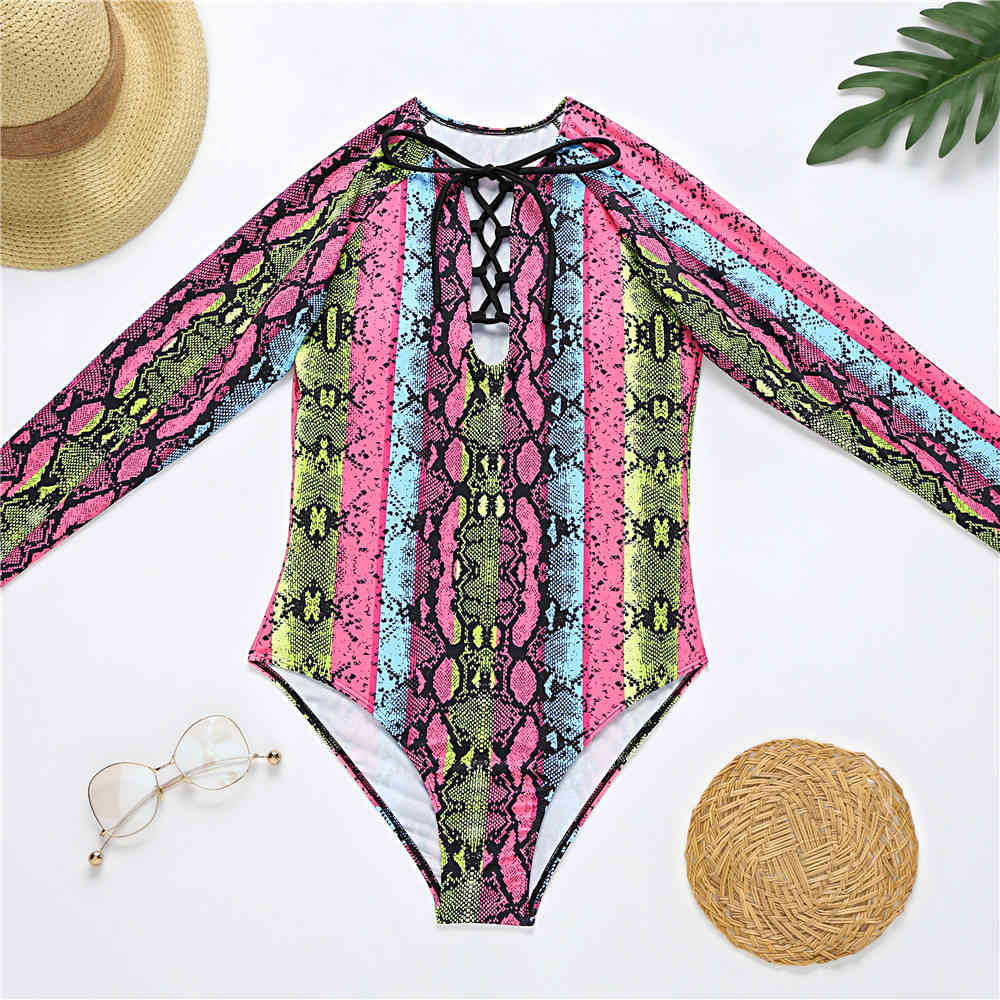 Sexy Corlorful Snake Print Swimsuit Long Sleeve Swimwear Women Lace Up Monokini Bathing Suit Beachwear Female 210520