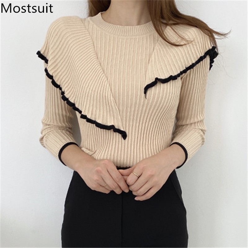 Stylish Korean Knitted Ruffles Women Pullover Sweater Long Sleeve O-neck Slim Fashion Ladies Tops Jumpers Femme 210518, Apricot
Stylish Korean Knitted Ruffles Women Pullover Sweater Long Sleeve O-neck Slim Fashion Ladies Tops Jumpers Femme 210518, Apricot