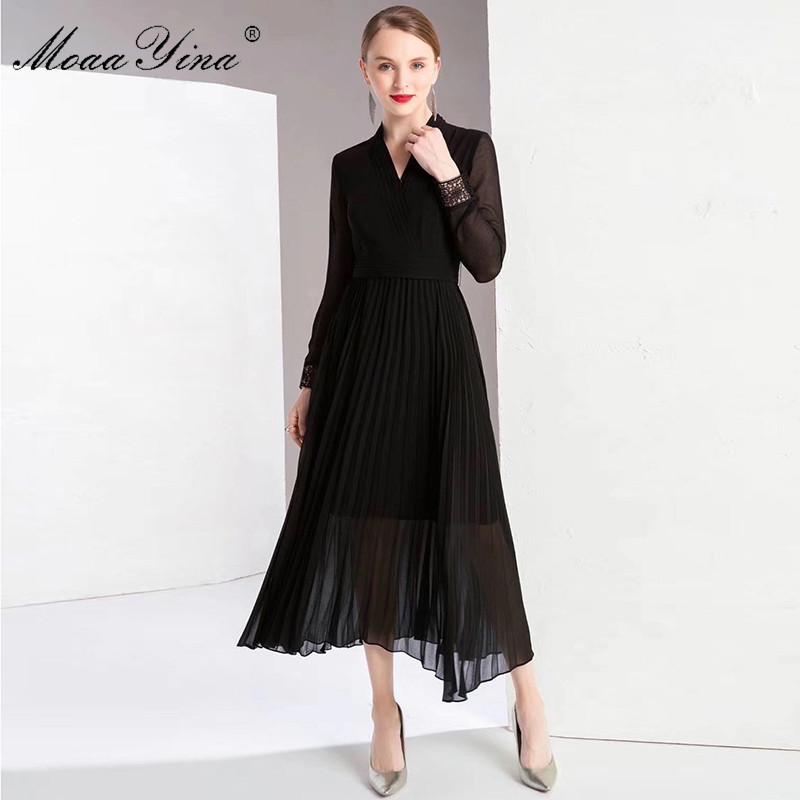 Fashion Runway dress Spring Summer Women's Dress V-neck Long sleeve Solid color Elegant Pleated Dresses 210524