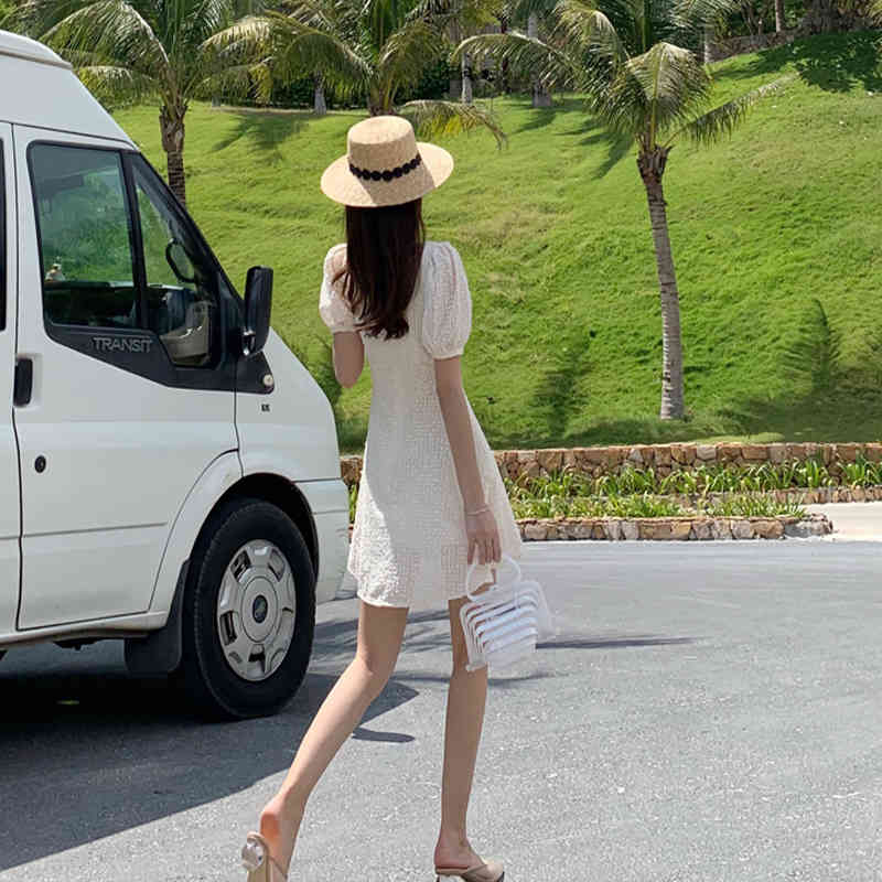 Summer Korean Dress Women Casual Short Sleeve Solid Mini Plus Size es for Apricot High Waist Vestidos 210510