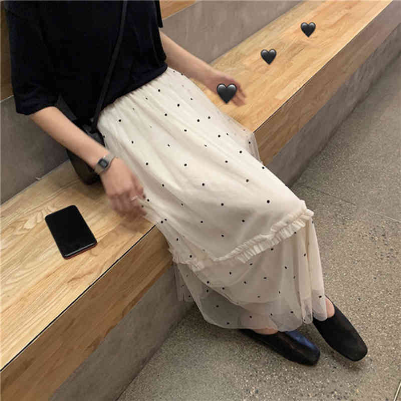 Arrival Summer Korea Fashion Women High Waist Slim Long Skirt Dot Mesh Sweet A-line s Female White S301 210512