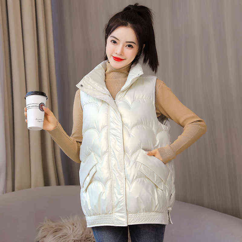 Shiny Winter Vest Loose Women Zipper Stand Collar Pockets Ladies Causal Sleeveless Jacket Waistcoat for Female 211105