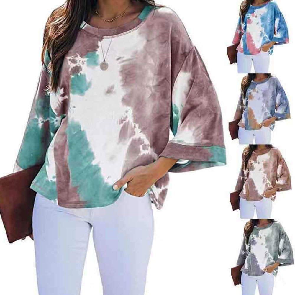 Casual Tie Dye Loose T Shirt 3/4 Sleeve O Neck Oversized Blouses Elegant Batwing Tops Vintage Harajuku 210428