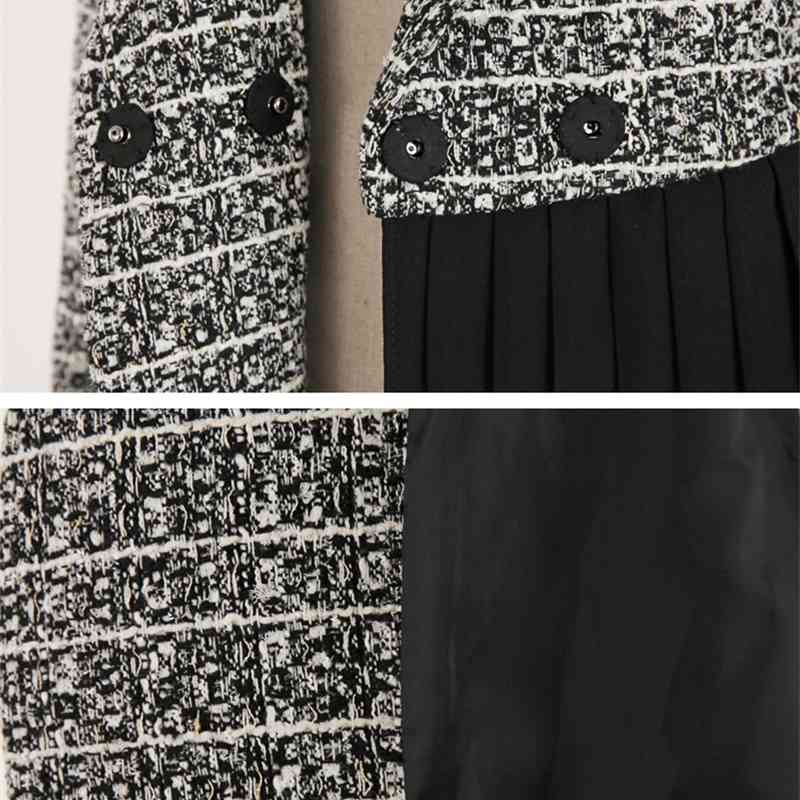 Autumn Winter Elegant Turn Down Collar Tweed Blazer Korean Women Slim Plaid Woolen Patchwork Pleated Outerwear Female With Belt 210519