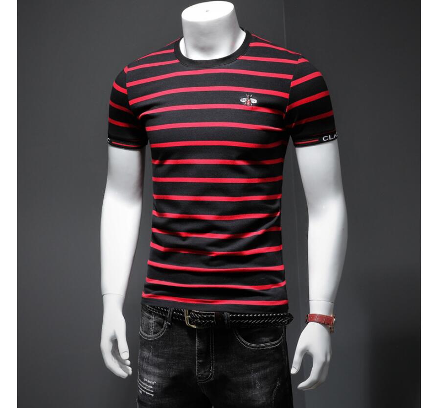 European station men's bee embroidery T-shirt 2021 summer striped men's short-sleeved T-shirt men's net red half-sleeved top