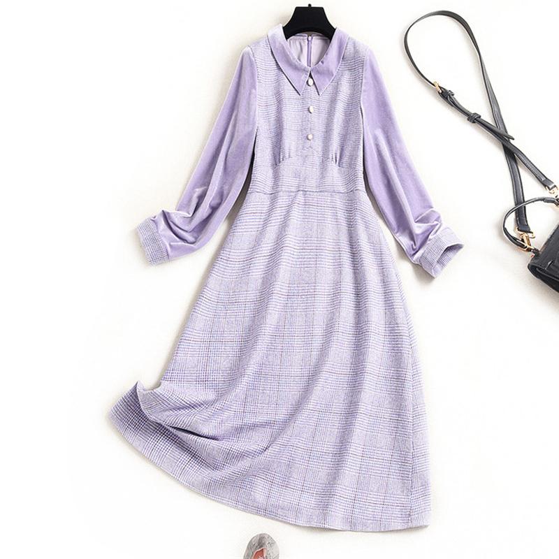 Europe Fashion Autumn Winter Clothes Women Designers Long Sleeve Turn Down Collar Velvet Patchwork Casual Aline Dress XXL Size Dresses