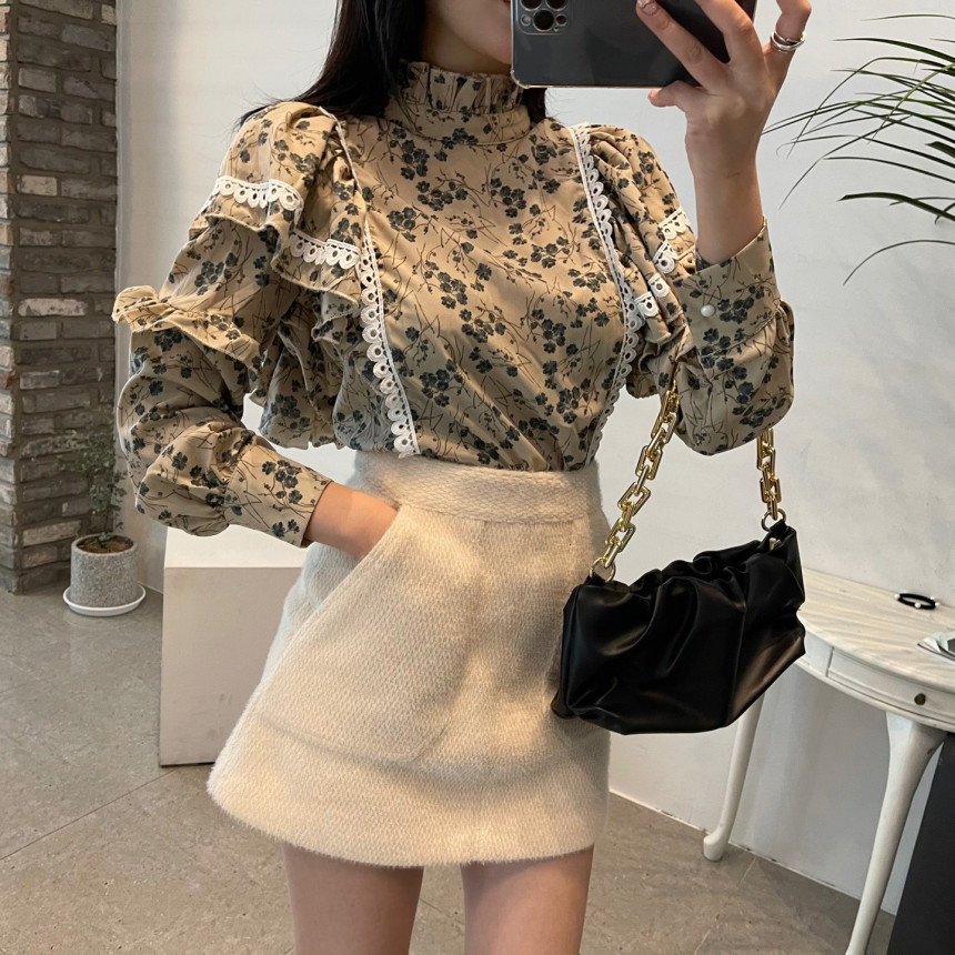 Comelsexy Office Lady Florals Stand Female Loose Printed Fashion All Match Streetwear Blouses Chic Vintage Lace Shirts 210515