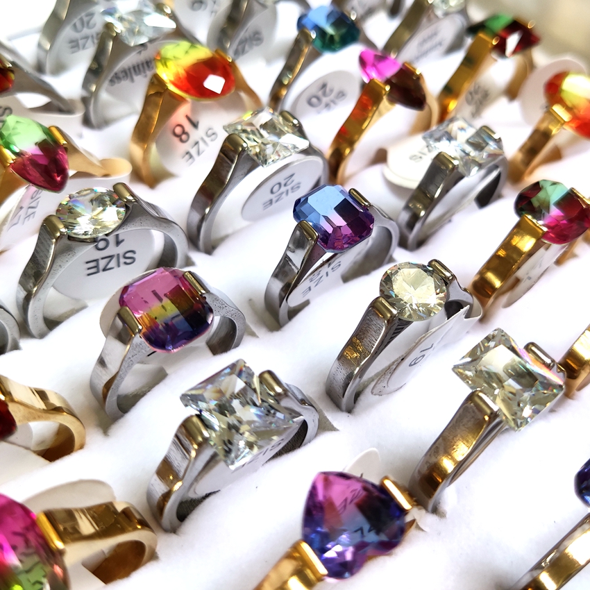 30pcs/lot Assorted Color Stone Ring Women Gold Silver Stainless Steel Clear Crystal Charm Rings Girls Accessories Wholesale Wedding Engagement Jewelry