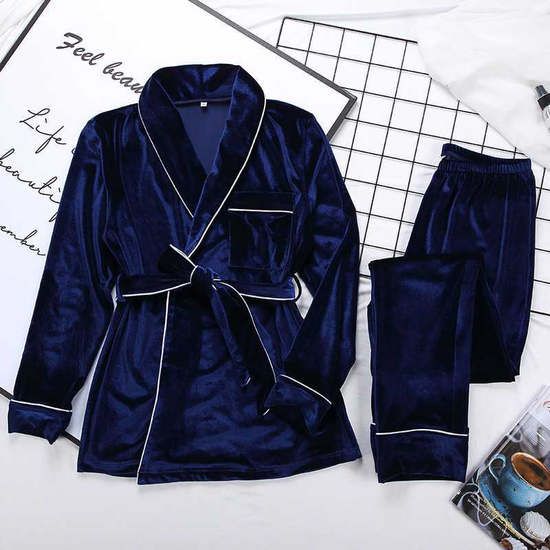 Velvet Warm Pajamas For Women Robes And Pants Solid Pocket Long Sleeve Thick Home Wear Autumn Night Suit Winter Casual 210924