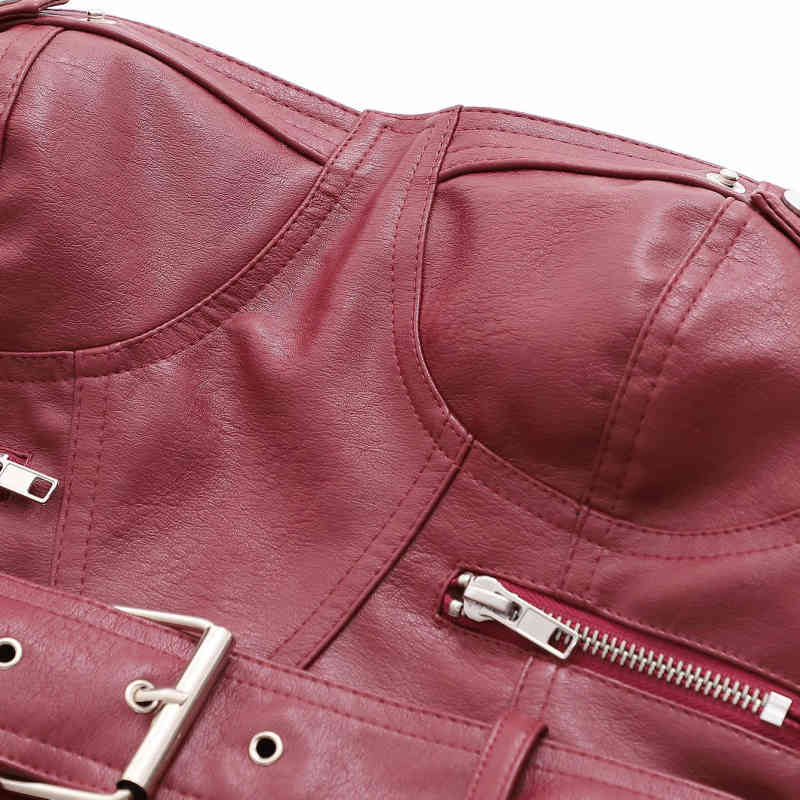 Vinatge Woman Burgundy PU Sashes Tube Short Tops Spring Autumn Fashion Ladies Irregular Sleeveless Tank Female Leather Vest 210515