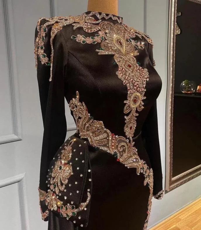 Arabic Aso Ebi Black mermaid Prom Dresses Lace Beaded Crystals long sleeve Evening Formal Party Second Reception Engagement Gowns