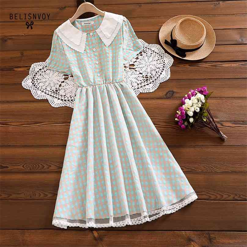 Summer Preppy Style Women Loose Clothes Peter Pan Collar Purple Green Plaid Dress Short Sleeve Elegant Lace Mesh Patchwork 210520, Lavender
Summer Preppy Style Women Loose Clothes Peter Pan Collar Purple Green Plaid Dress Short Sleeve Elegant Lace Mesh Patchwork 210520, Lavender